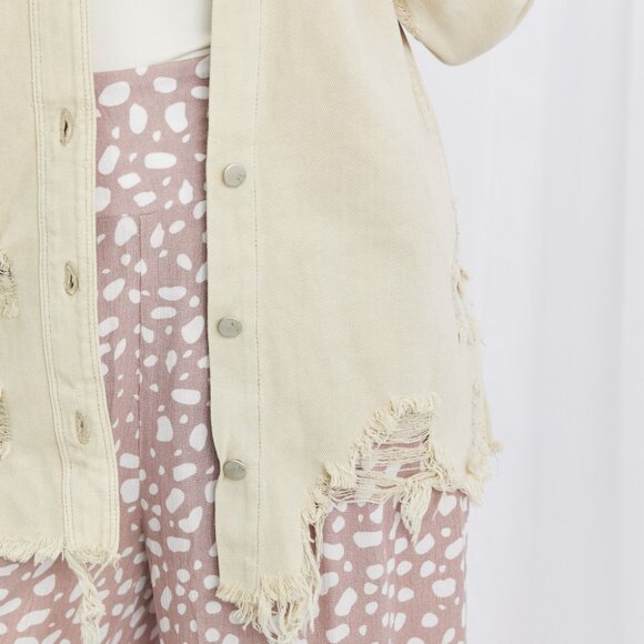 American Bazi Full Size Distressed Button Down Denim Jacket in Sand - Picture 6 of 11